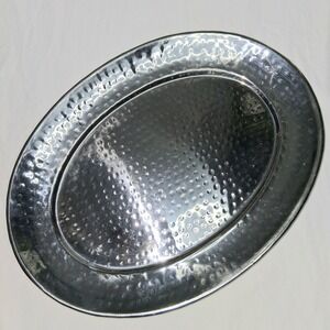 Hammered Oval Serving Platter Tray Metal Silver Tone‎ Table Entertaining Decor